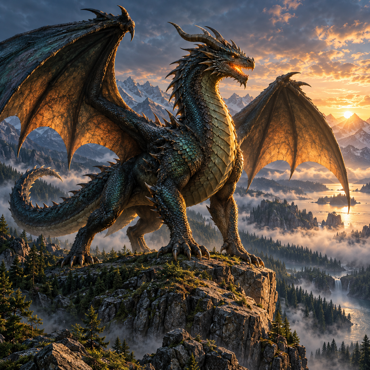 Western dragon on a misty mountain cliff reference image