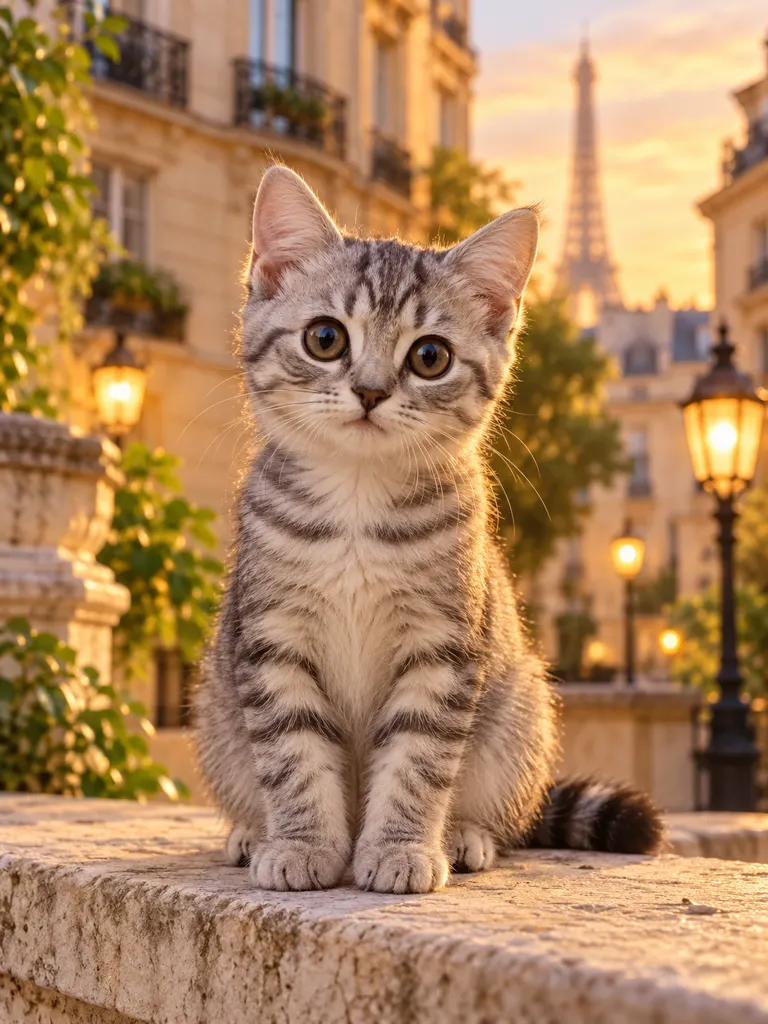 Retrato ilustrativo de um gatinho prateado em uma borda de pedra