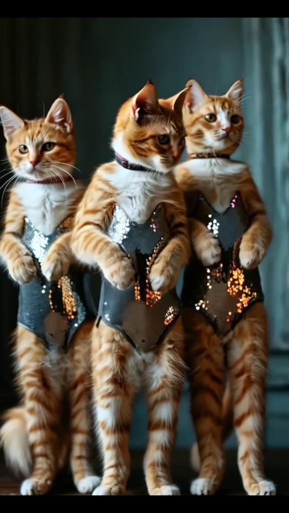 Três gatos dançando lado a lado no vídeo do modelo can-can fornecido